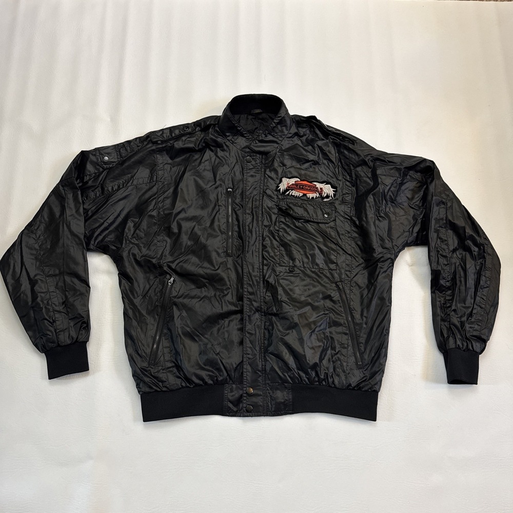 Vtg MVP Cor‎ Inc Black Bomber Jacket Harley Davidson Patch Mens Size Large L Y2K
